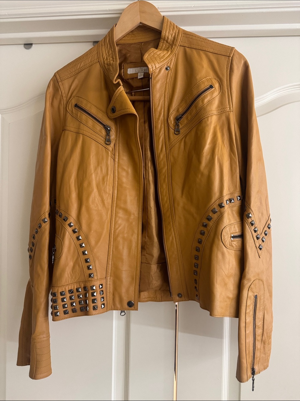 Luxe Studded Leather Moto Jacket - Tan